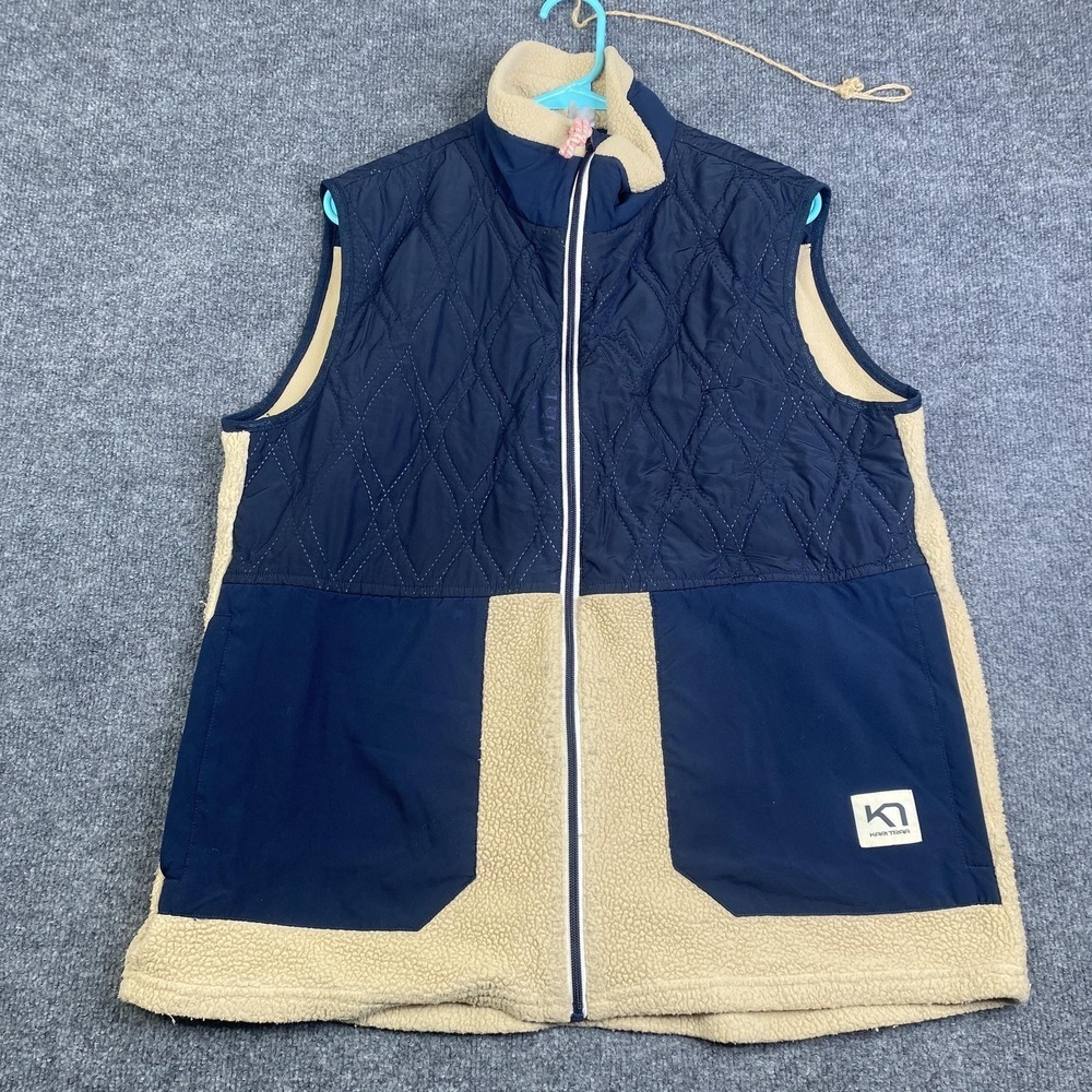 Kari Traa Vest Womens XL Navy Tan Sherpa Fleece Quilted Zip Outdoor Hiking